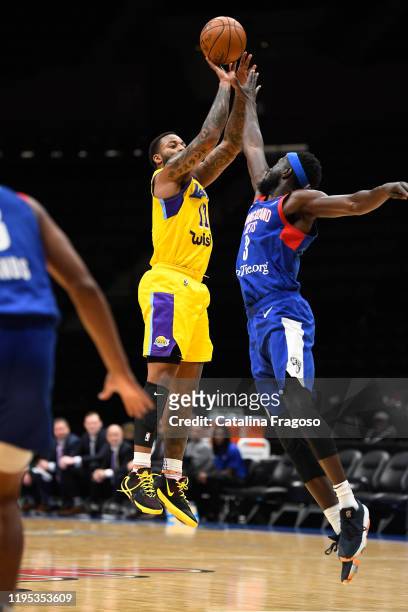 Long Island, NY Jordan Caroline of the South Bay Lakers shoots the ball during an NBA G-League game against the Long Island Nets on January 22, 2020...