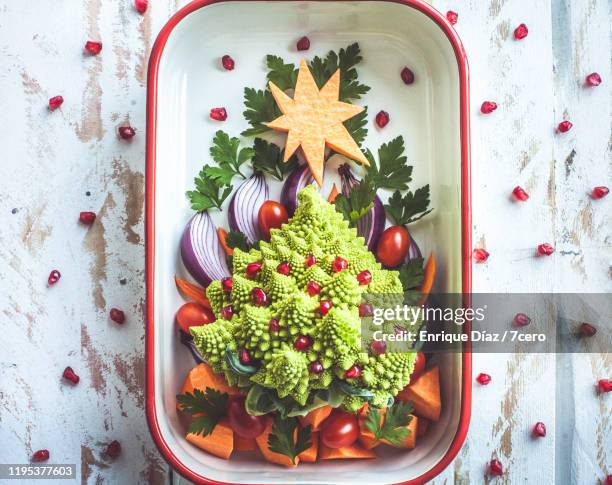 fruit and vegetable christmas tree - vegetarian christmas dinner stock pictures, royalty-free photos & images