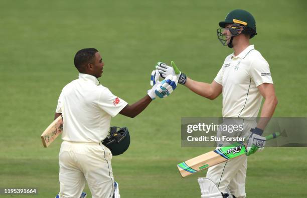 South Africa batsman Keegan Petersen is congratulated on his century by Neil Brand during day 3 of the 3 day practice match between South Africa A...