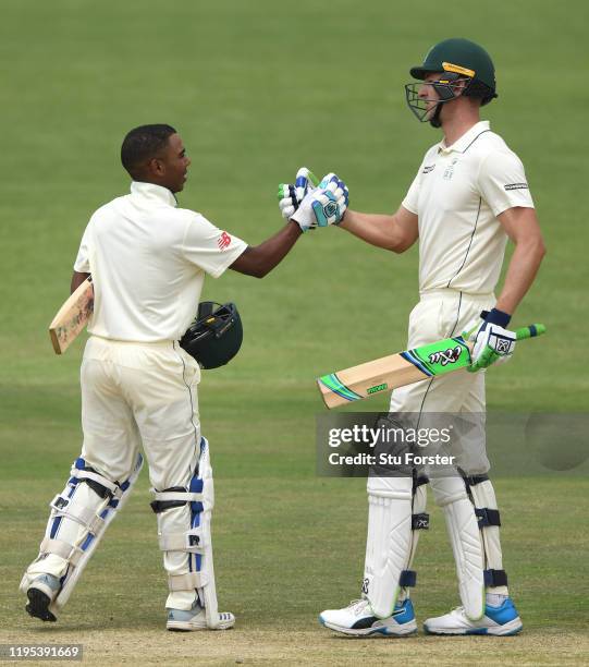South Africa batsman Keegan Petersen is congratulated on his century by Neil Brand during day 3 of the 3 day practice match between South Africa A...