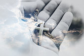 Beautiful Jesus Christ Art With Gold Cross In Palm Of Hand With Gorgeous Cloudscape Background High Quality