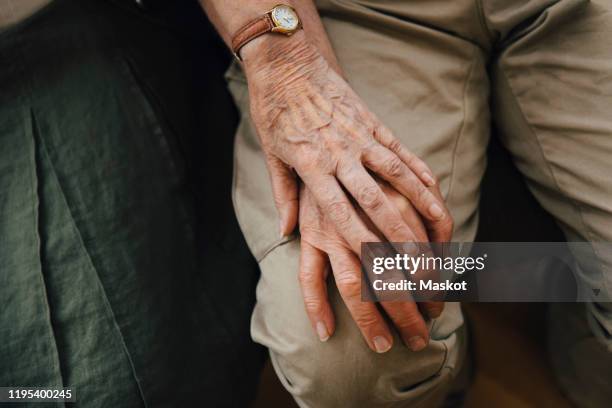 midsection of retired senior couple holding hands sitting at nursing home - holding hands foto e immagini stock