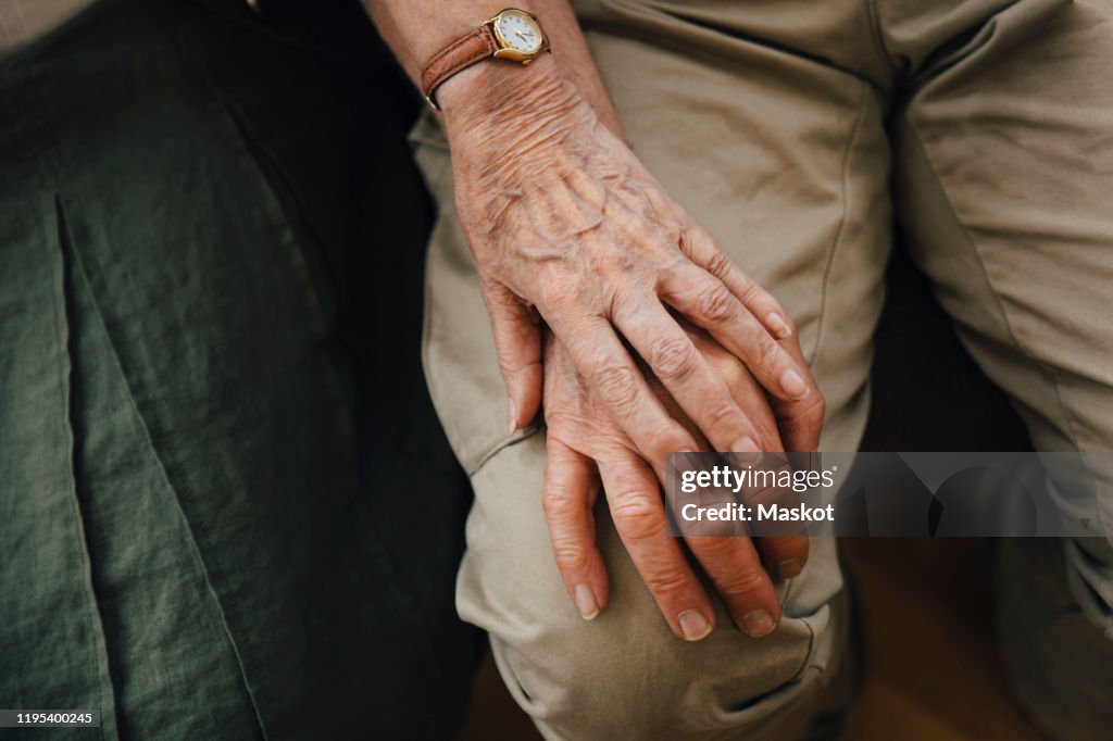 Midsection of retired senior couple holding hands sitting at nursing home