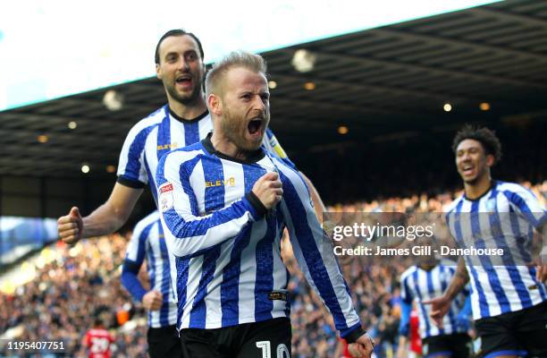 Barry Bannan of Sheffield Wednesday celebrates scoring his teams first goal which was a penalty during the Sky Bet Championship match between...