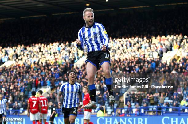 Barry Bannan of Sheffield Wednesday celebrates scoring his teams first goal which was a penalty during the Sky Bet Championship match between...