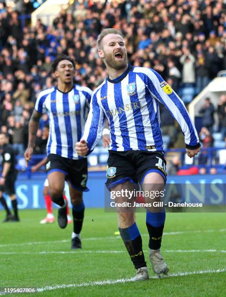 Barry Bannan of Sheffield Wednesday celebrates scoring his teams first goal which was a penalty during the Sky Bet Championship match between...