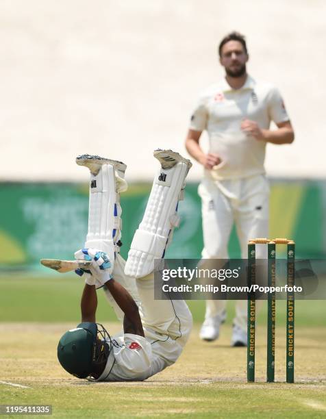 Keegan Petersen of South Africa A on the ground after a delivery from Chris Woakes of England during the third day of the match against South Africa...