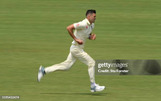 England bowler James Anderson runs in to bowl during day 3 of the 3 day practice match between South Africa A and England at Willowmoore Park on...