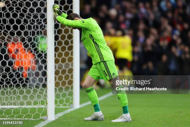 David De Gea of Manchester United looks dejected after failing to save a penalty which resulted in the second goal for Watford scored by Troy Deeney...