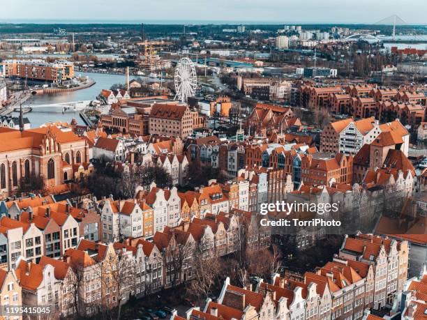 aerial view of the old town of gdansk, poland - gdansk poland stockfoto's en -beelden