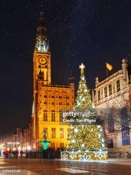 night cityscape with christmas tree and tawn hall on long market square (dlugi targ) in gdansk, poland - christmas market in poland stockfoto's en -beelden