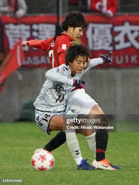 Mai Kyokawa of INAC Kobe Leonessa and Kana Osafune of Urawa Red Diamonds compete for the ball during the Empress Cup 41st JFA Women's Championship...