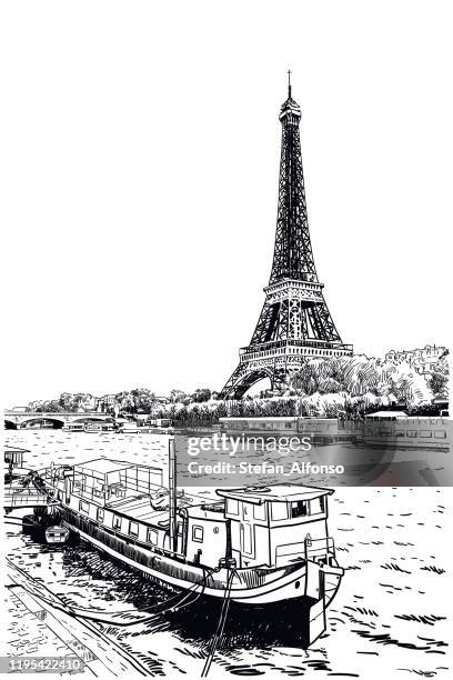 stockillustraties, clipart, cartoons en iconen met vector tekening van de eiffel toren gezien over de seine - parijs frankrijk