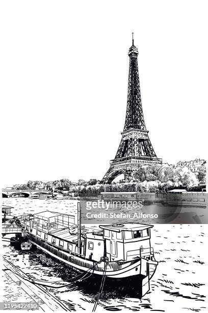 vector drawing of eiffel tower seen across seine river - seine maritime stock illustrations