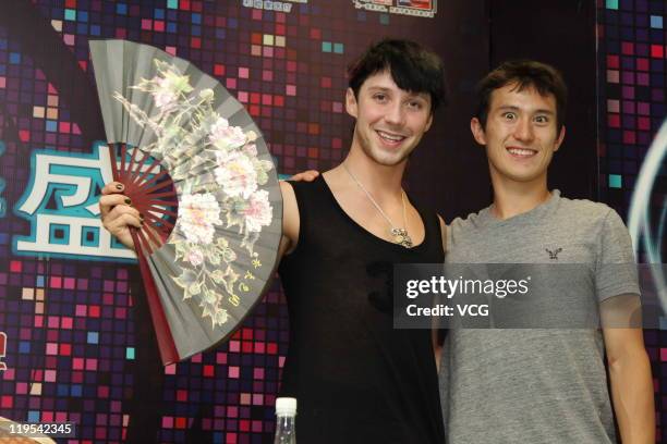 American skater Johnny Weir and Canadian skater Patrick Chan attend 'Artistry On Ice' press conference at Mercedes-Benz Arena on July 21, 2011 in...