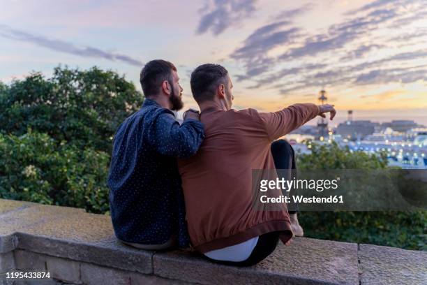 gay couple on lookout above the city with view to the port, barcelona, spain - romantic sky stock pictures, royalty-free photos & images