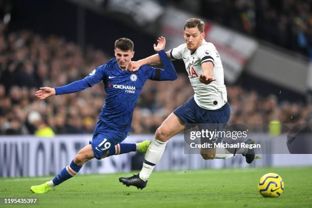 Mason Mount of Chelsea and Jan Vertonghen of Tottenham Hotspur clash during the Premier League match between Tottenham Hotspur and Chelsea FC at...