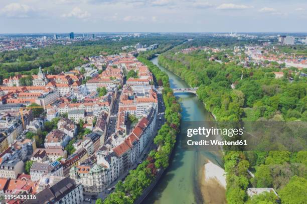 germany, bavaria, munich, aerial view of isar river and old town of munich in summer - munich stock pictures, royalty-free photos & images