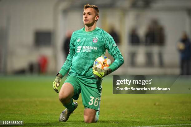 Christian Fruechtl of Bayern Muenchen II holds the ball during the 3. Liga match between Bayern Muenchen II and FC Wuerzburger Kickers at Stadion an...