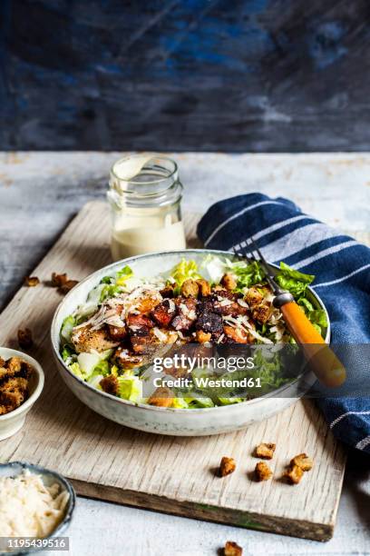 bowl of caesar salad with romaine lettuce, parmesan†cheese, bacon, chicken breast and croutons - ceasarsallad bildbanksfoton och bilder