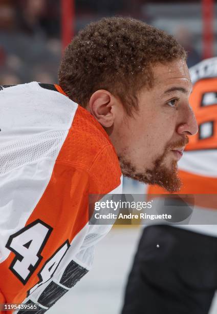 Chris Stewart of the Philadelphia Flyers looks on during warmup prior to a game against the Ottawa Senators at Canadian Tire Centre on December 21,...