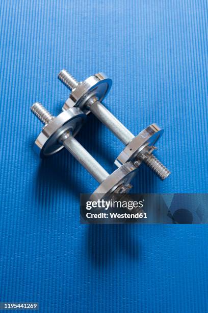 dumbbells on blue workout mat - dumbells isolated stock pictures, royalty-free photos & images