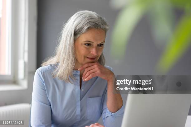 portrait of mature businesswoman using laptop in office - grey blouse stock pictures, royalty-free photos & images