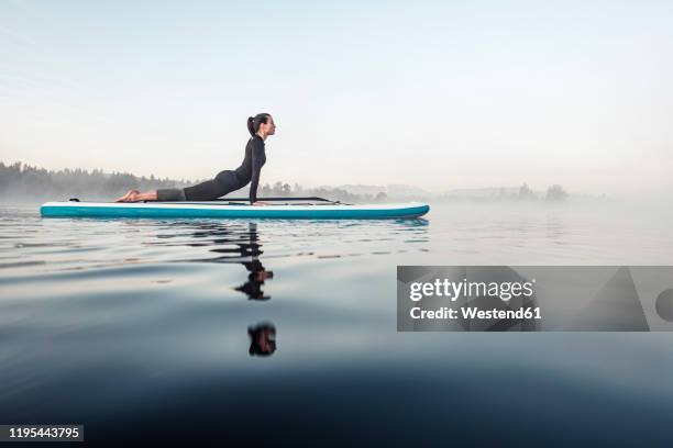 woman practicing paddle board yoga on lake kirchsee in the morning, bad toelz, bavaria, germany - sunrise yoga stock-fotos und bilder