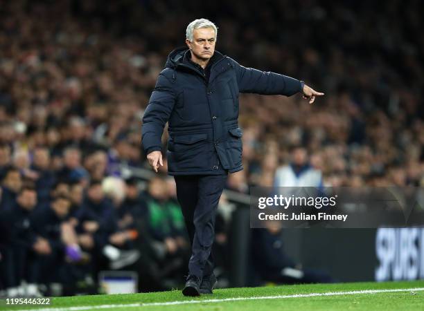 Jose Mourinho of Tottenham reacts during the Premier League match between Tottenham Hotspur and Chelsea FC at Tottenham Hotspur Stadium on December...