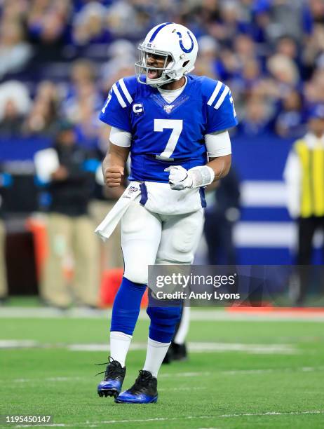 Jacoby Brissett of the Indianapolis Colts celebrates after a touchdown against the Carolina Panthers at Lucas Oil Stadium on December 22, 2019 in...