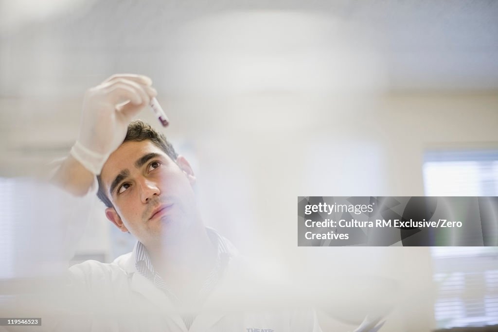 Scientist examining test tube in lab