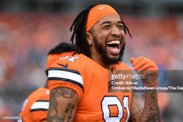 Tim Patrick of the Denver Broncos laughs before the first quarter against the Detroit Lions on Sunday, December 22, 2019.
