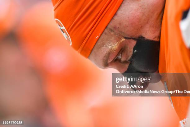 Garett Bolles of the Denver Broncos takes a moment before the first quarter against the Detroit Lions on Sunday, December 22, 2019.