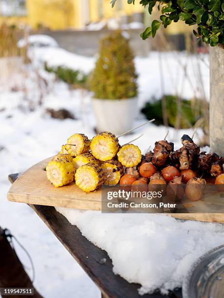 fruits and corncob on table - bbq winter photos et images de collection