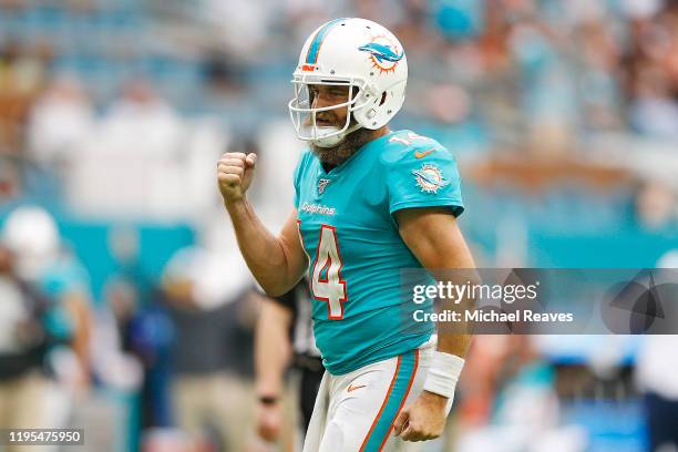 Ryan Fitzpatrick of the Miami Dolphins reacts against the Cincinnati Bengals during the fourth quarter at Hard Rock Stadium on December 22, 2019 in...