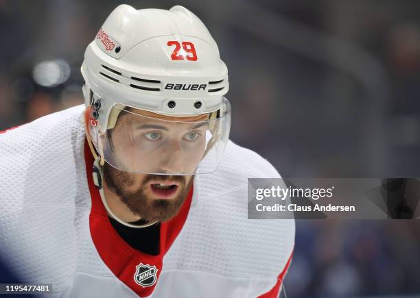 Brendan Perlini of the Detroit Red Wings waits for a faceoff against the Toronto Maple Leafs during an NHL game at Scotiabank Arena on December 21,...