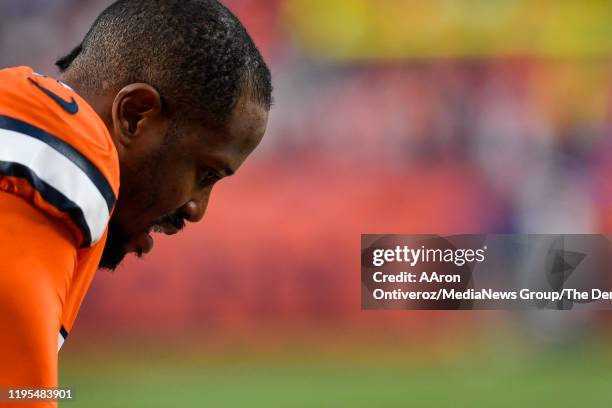 Von Miller of the Denver Broncos takes a breather on the sidelines against the Detroit Lions during the fourth quarter of Denver's 27-17 on Sunday,...