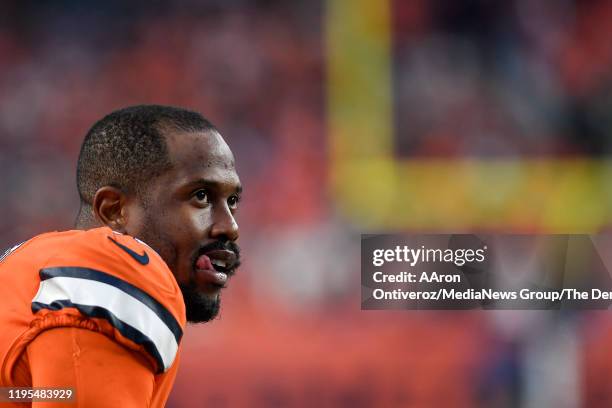 Von Miller of the Denver Broncos takes a breather on the sidelines against the Detroit Lions during the fourth quarter of Denver's 27-17 on Sunday,...