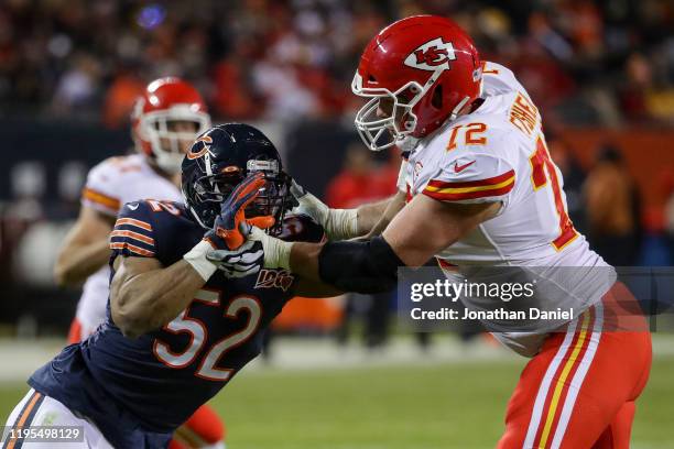 Offensive tackle Eric Fisher of the Kansas City Chiefs blocks outside linebacker Khalil Mack of the Chicago Bears in the second quarter of the game...