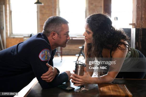 Hold Our Ground" Episode 810 -- Pictured: Taylor Kinney as Lt. Kelly Severide, Miranda Rae Mayo as Stella Kidd --