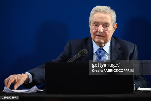 Hungarian-born US investor and philanthropist George Soros delivers a speech on the sideline of the World Economic Forum annual meeting, on January...