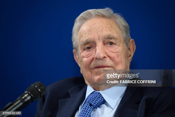 Hungarian-born US investor and philanthropist George Soros delivers a speech on the sidelines of the World Economic Forum annual meeting, on January...