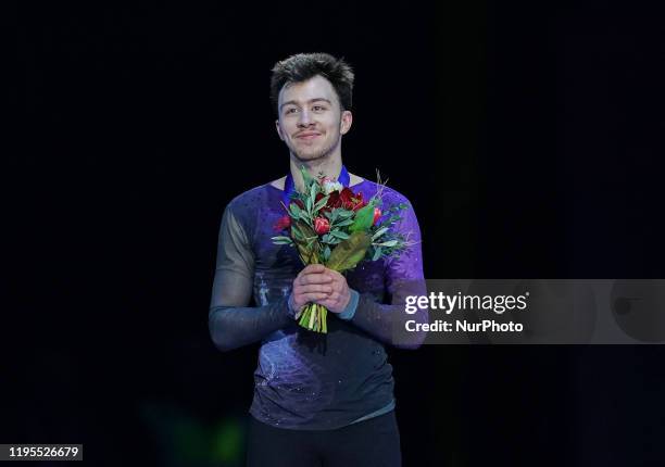 Dmitri Aliev of Russia with his gold medal at Mens Free Skating at ISU European Figure Skating Championships in Steiermarkhalle, Graz, Austria on...