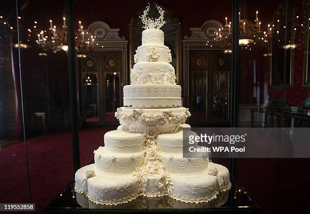 The Duke and Duchess of Cambridge's royal wedding cake is photographed before it goes on display at Buckingham Palace during the annual summer...