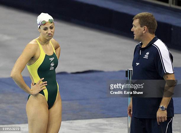 Stephanie Rice of Australia talks with her coach Michael Bohl during a swimming training session during Day Seven of the 14th FINA World...