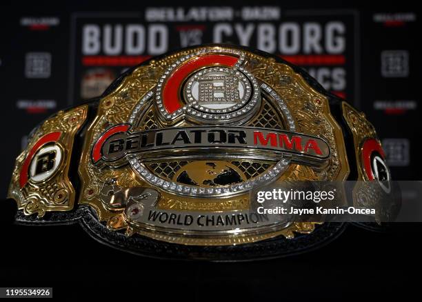 Detailed view of the Bellator women's featherweight world champion belt on display during media day at the Paramount Theatre on January 23, 2020 in...