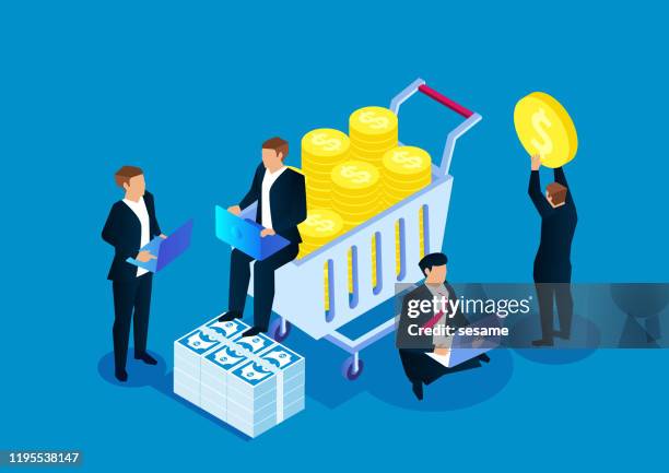 businessman working next to a trolley full of money - business meeting with clients stock illustrations