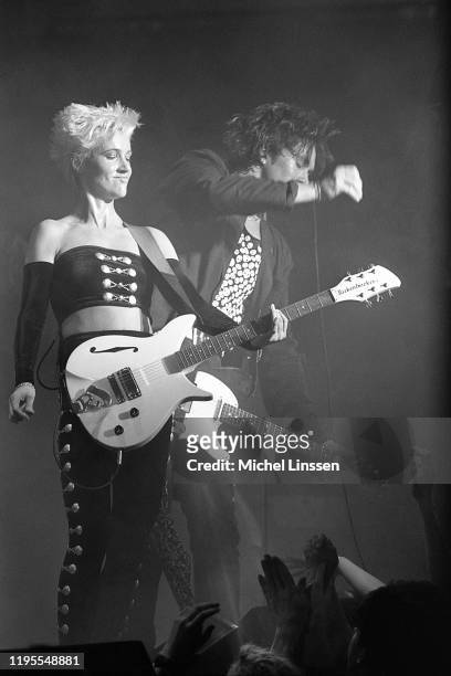 Swedish pop rock duo Roxette, aka Marie Fredriksson and Per Gessle, perform on stage in the Netherlands, circa 1989.
