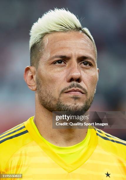 Diego Alves of CR Flamengo looks on prior to the FIFA Club World Cup Qatar 2019 Final match between Liverpool FC and CR Flamengo at Khalifa...