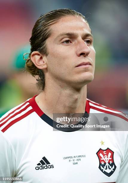 Filipe Luis of CR Flamengo looks on prior to the FIFA Club World Cup Qatar 2019 Final match between Liverpool FC and CR Flamengo at Khalifa...